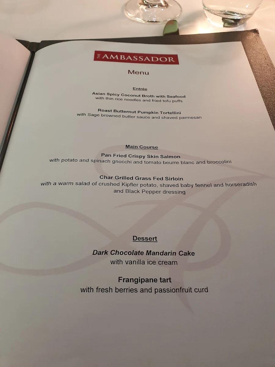 Menu, The Ambassador Training Restaurant