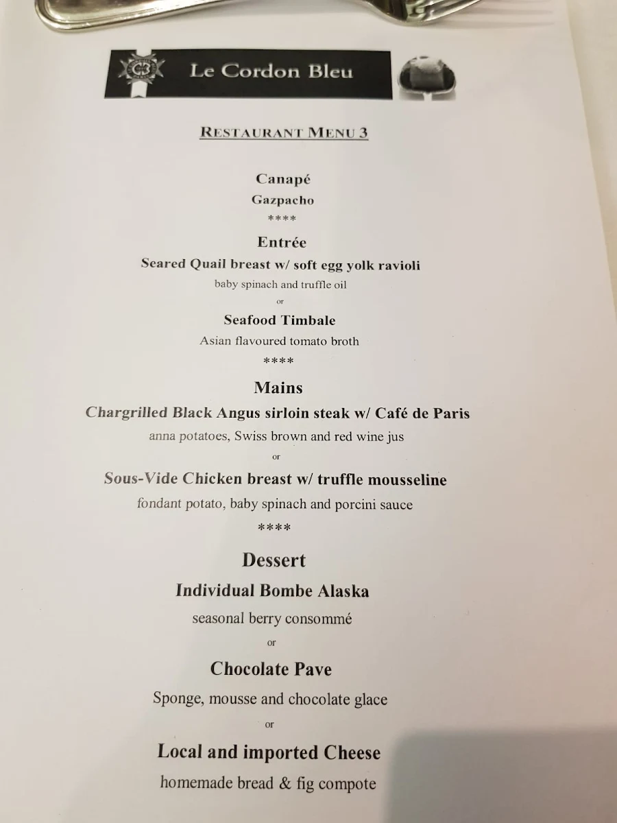 Menu, The Ambassador Training Restaurant