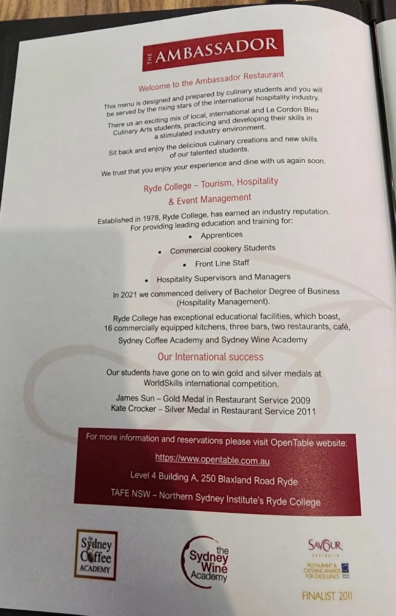 Menu, The Ambassador Training Restaurant