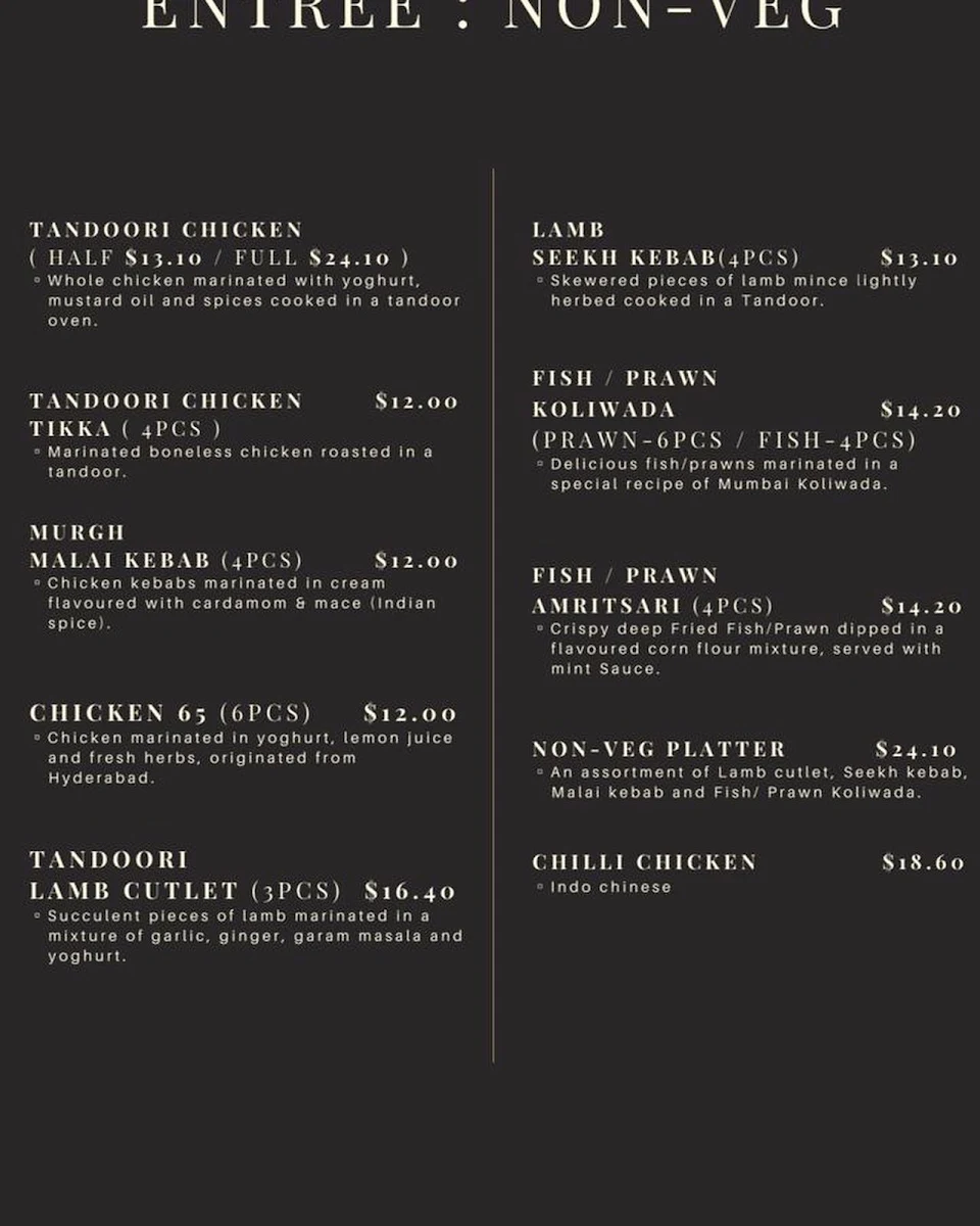 Menu, AAO JEE Traditional Indian Restaurant Amaroo