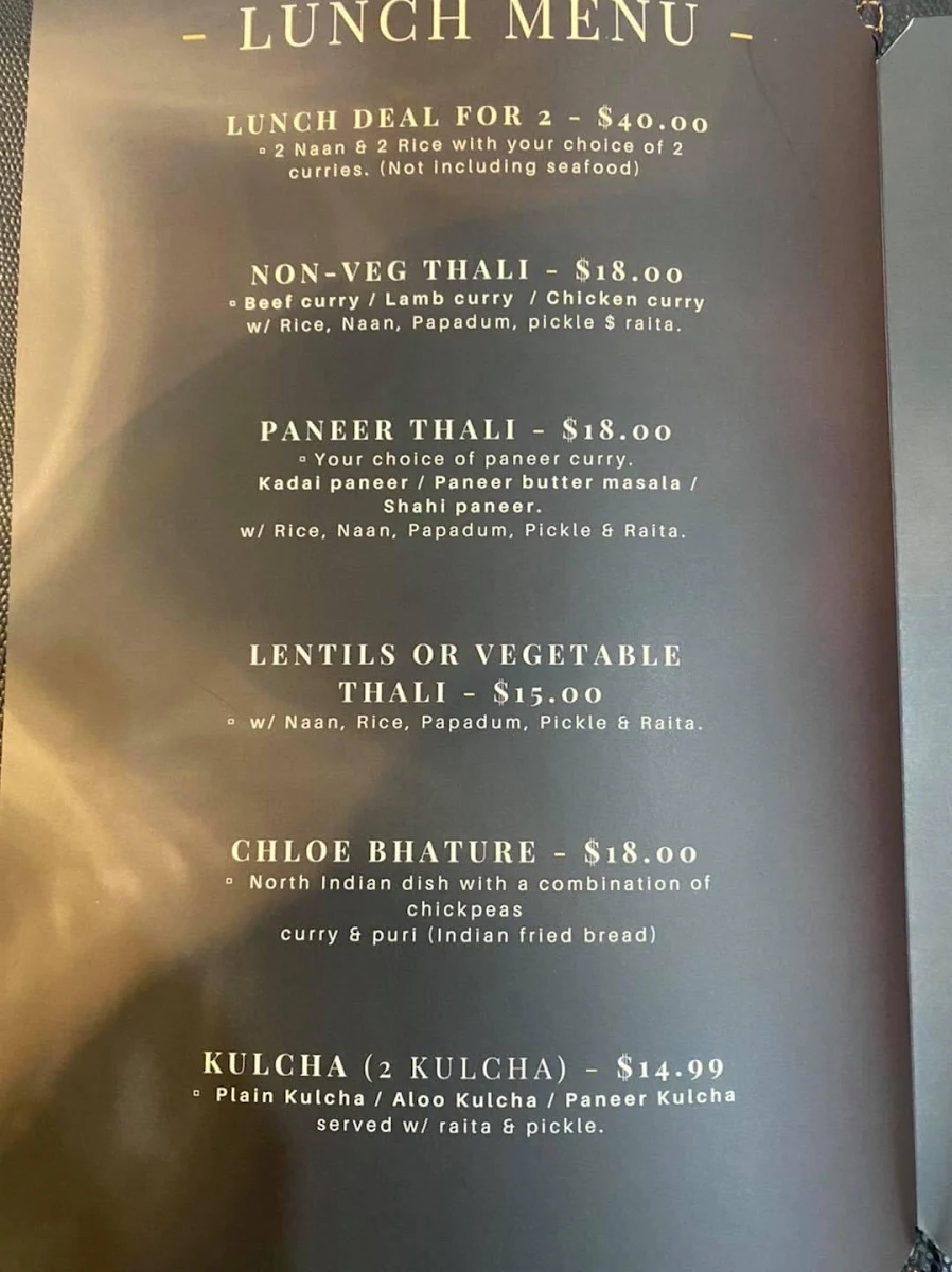 Menu, AAO JEE Traditional Indian Restaurant Amaroo