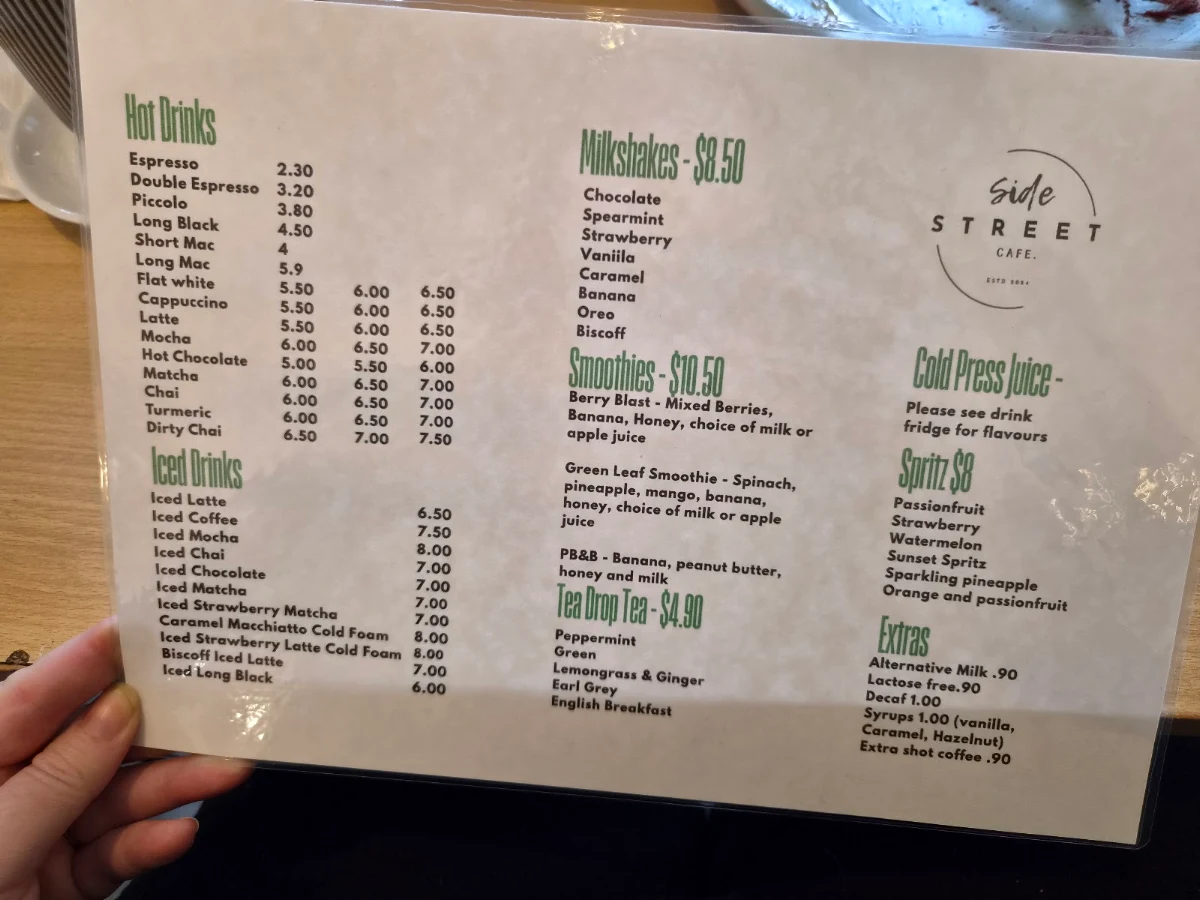 Menu, Side Street Cafe Merriwa