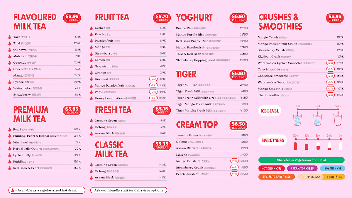 Menu, Sharetea Preston