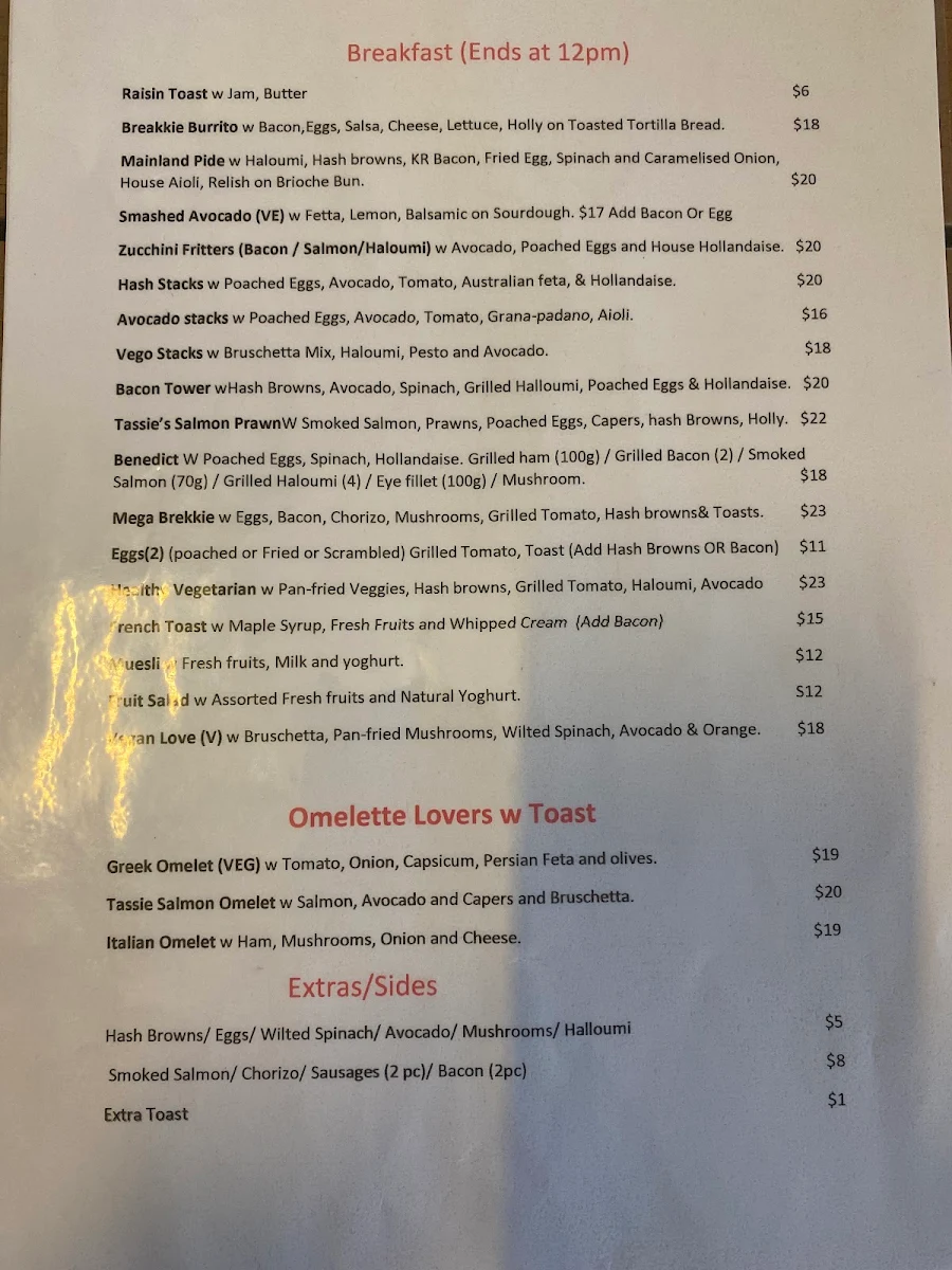 Menu, Tutto Caffe Espresso Bar