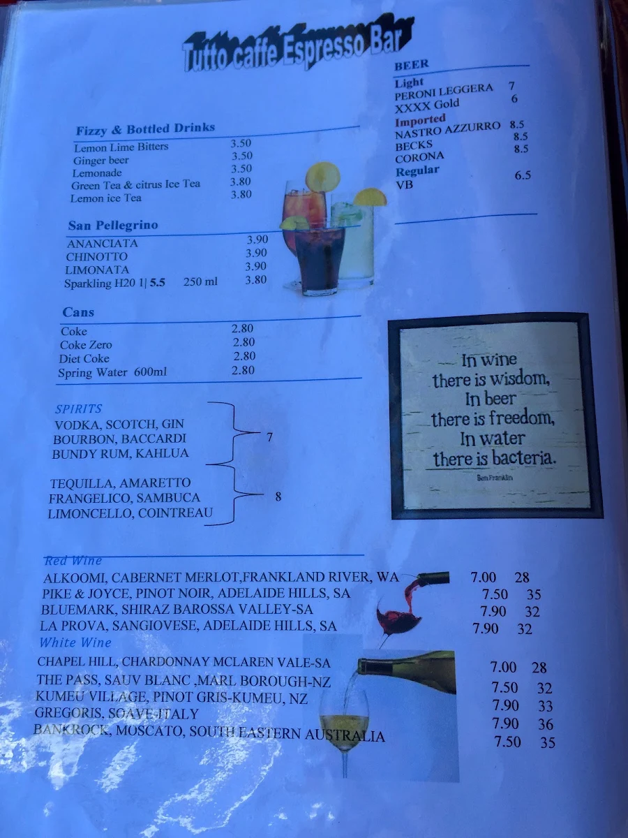 Menu, Tutto Caffe Espresso Bar