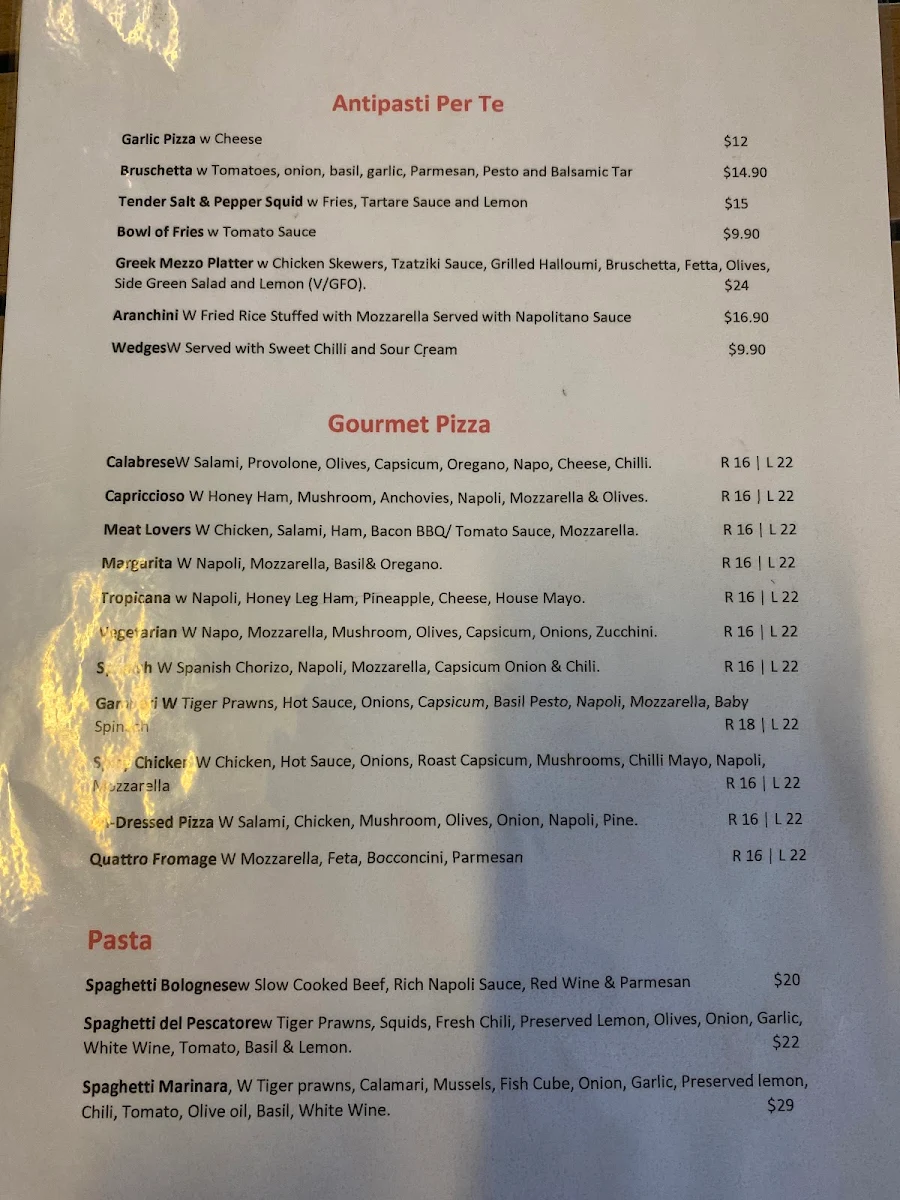 Menu, Tutto Caffe Espresso Bar