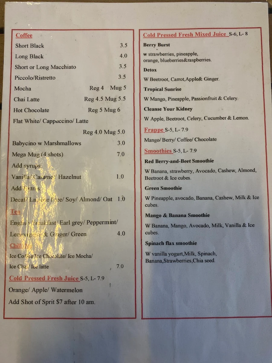 Menu, Tutto Caffe Espresso Bar