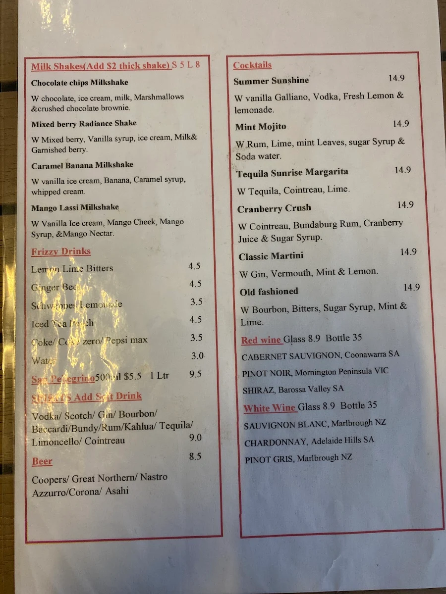 Menu, Tutto Caffe Espresso Bar