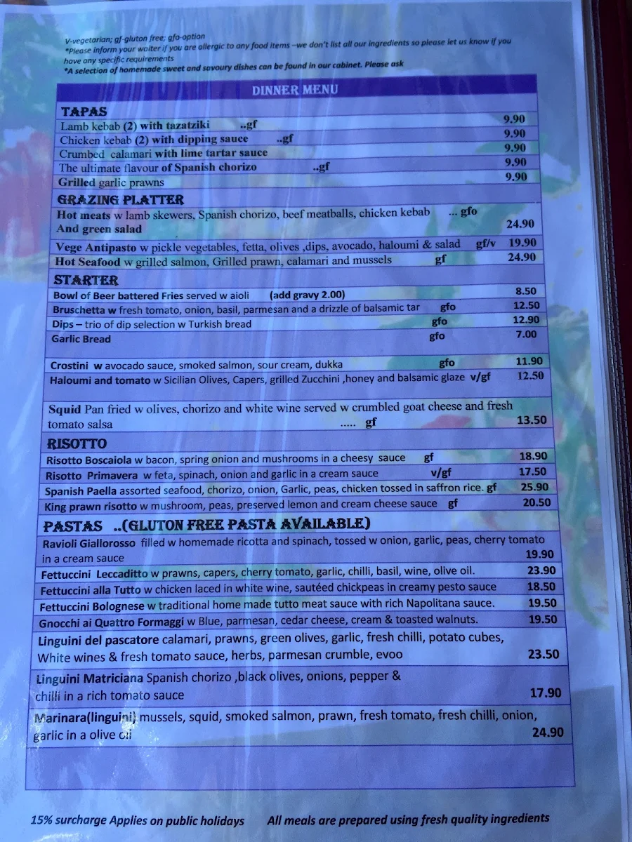 Menu, Tutto Caffe Espresso Bar