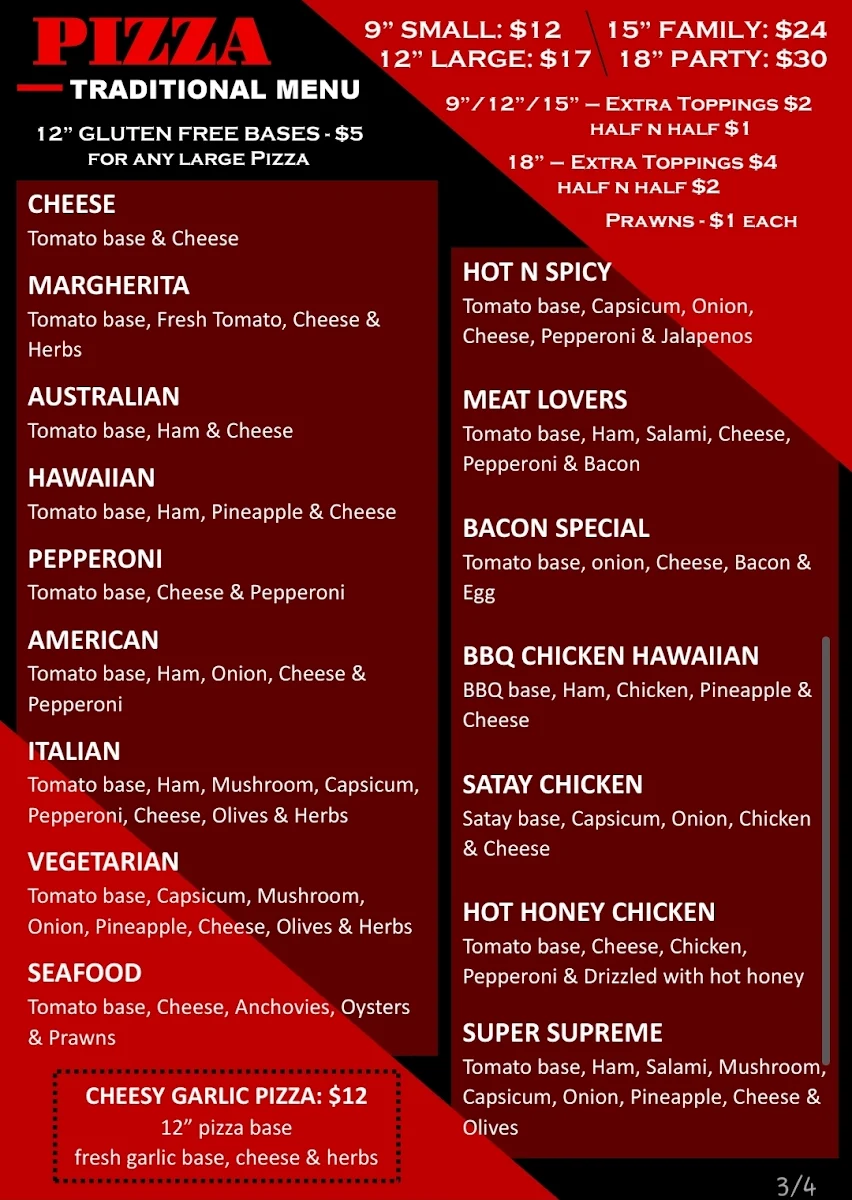 Menu, Moana Pizzeria