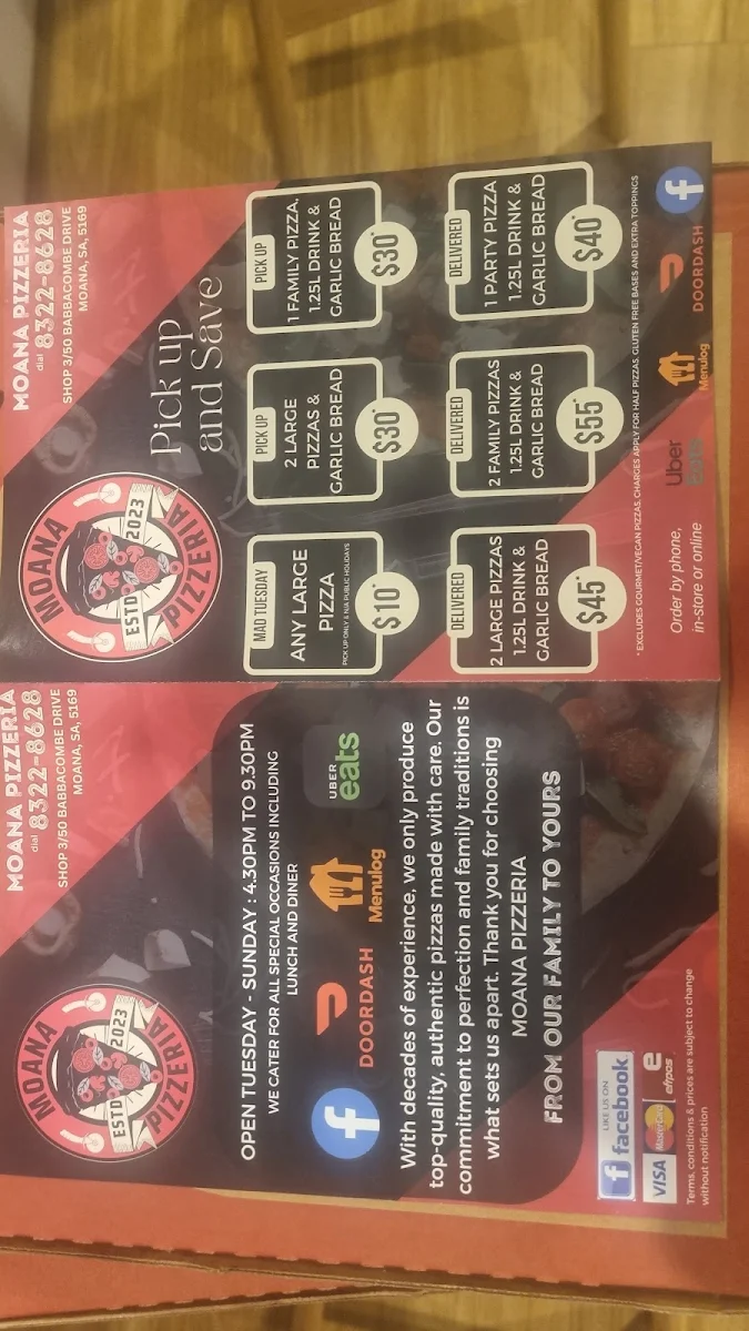 Menu, Moana Pizzeria