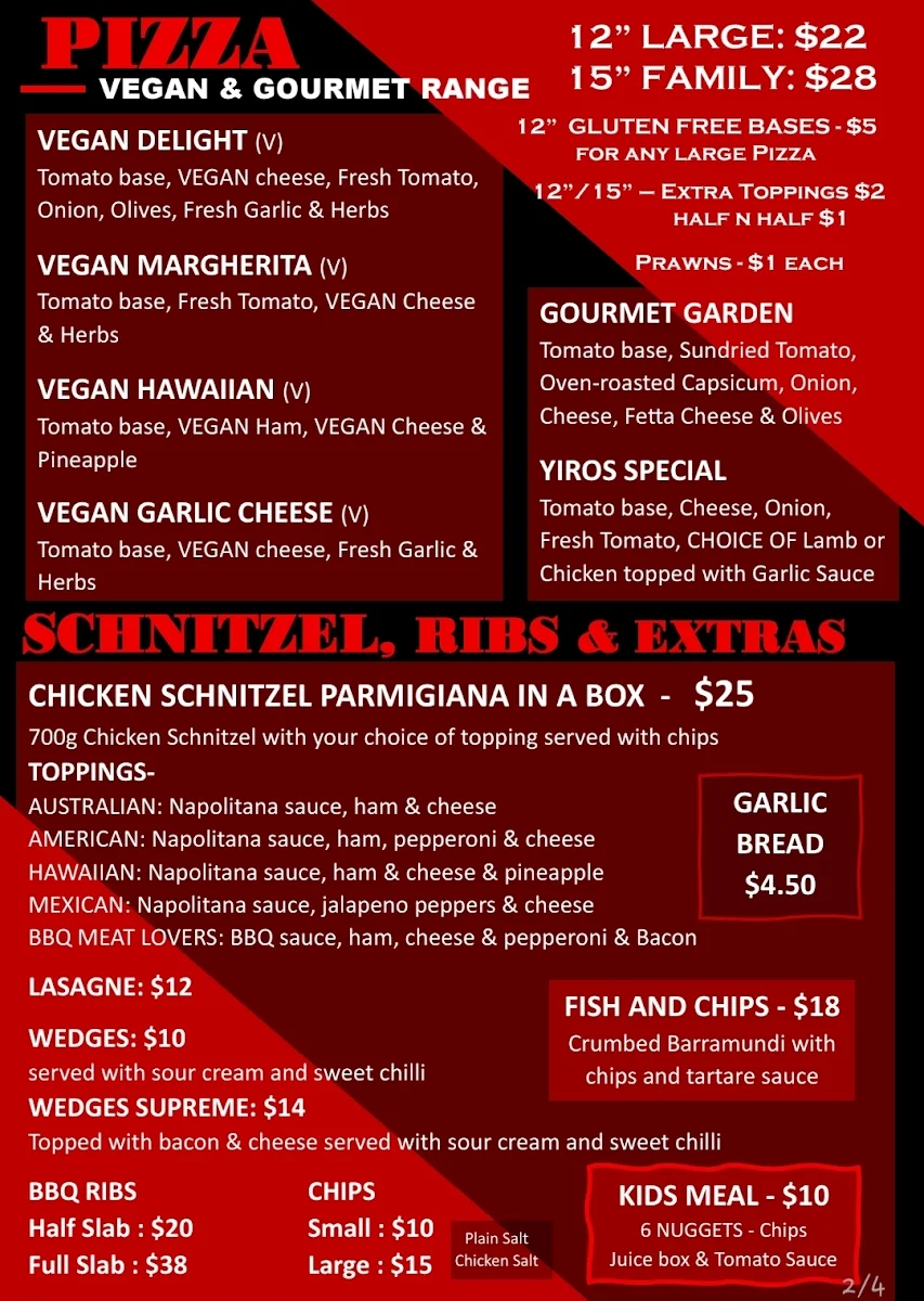 Menu, Moana Pizzeria
