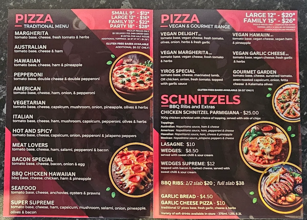 Menu, Moana Pizzeria