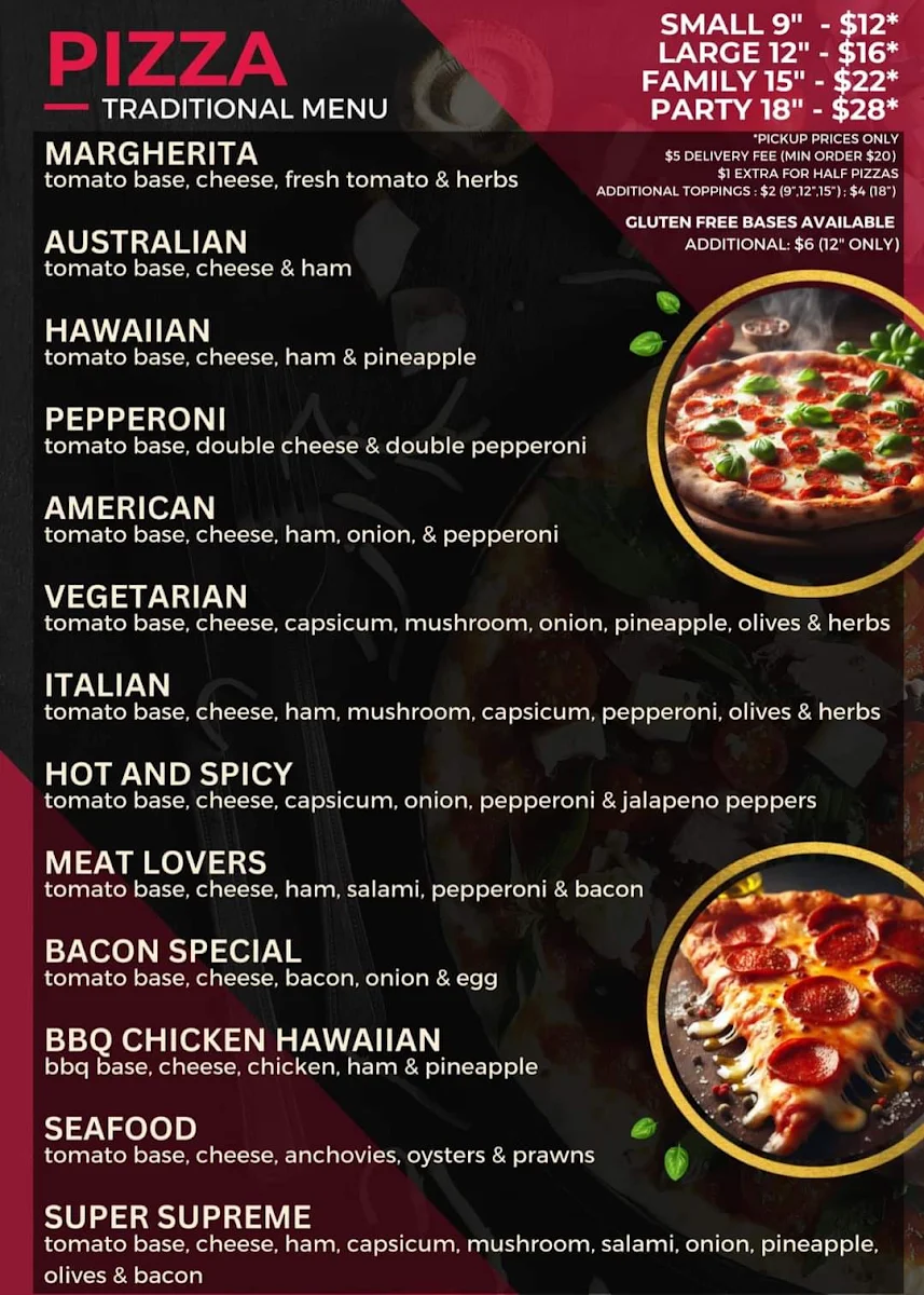 Menu, Moana Pizzeria