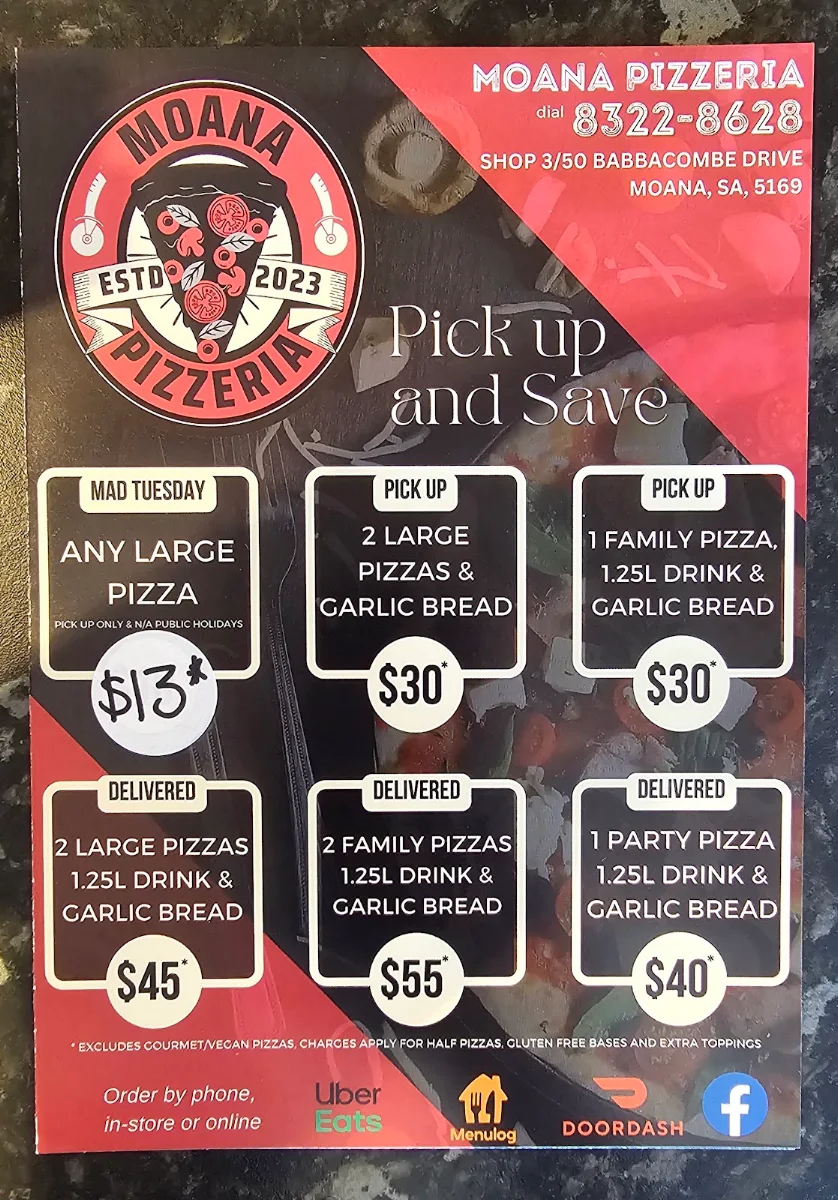 Menu, Moana Pizzeria