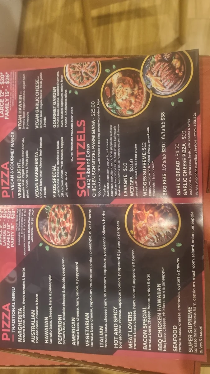 Menu, Moana Pizzeria