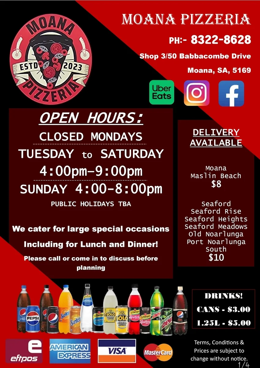 Menu, Moana Pizzeria