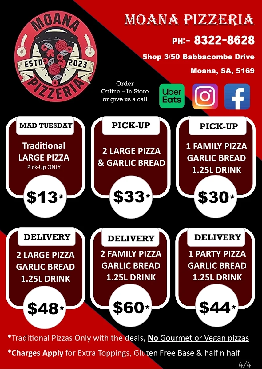 Menu, Moana Pizzeria