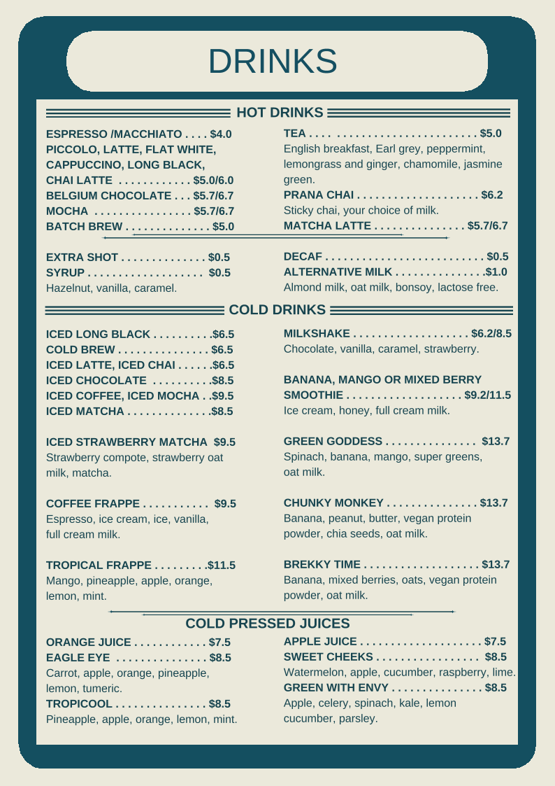 Menu, Roseberry Street Cafe