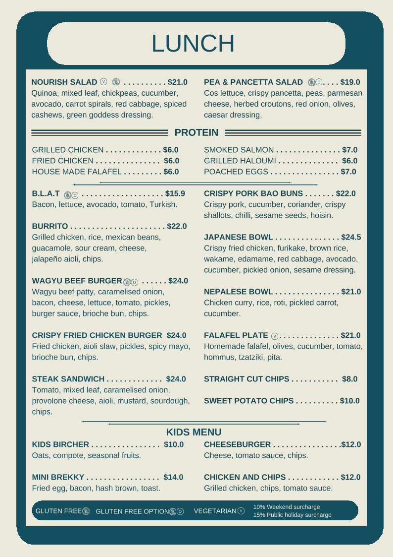 Menu, Roseberry Street Cafe