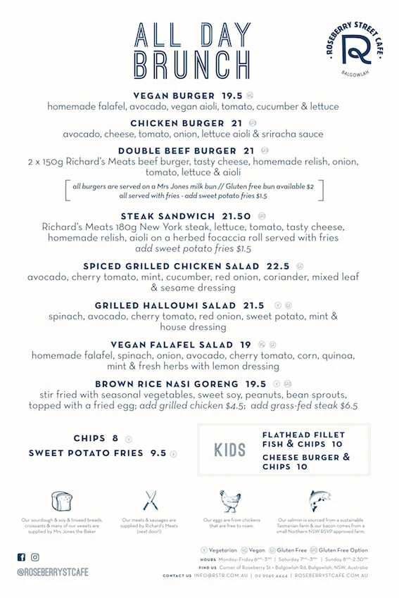 Menu, Roseberry Street Cafe