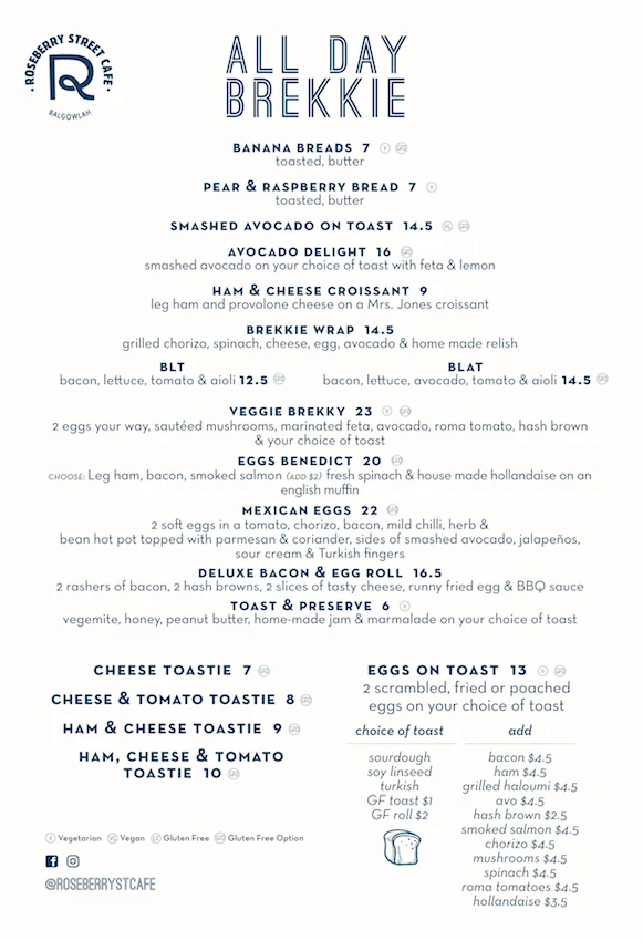 Menu, Roseberry Street Cafe