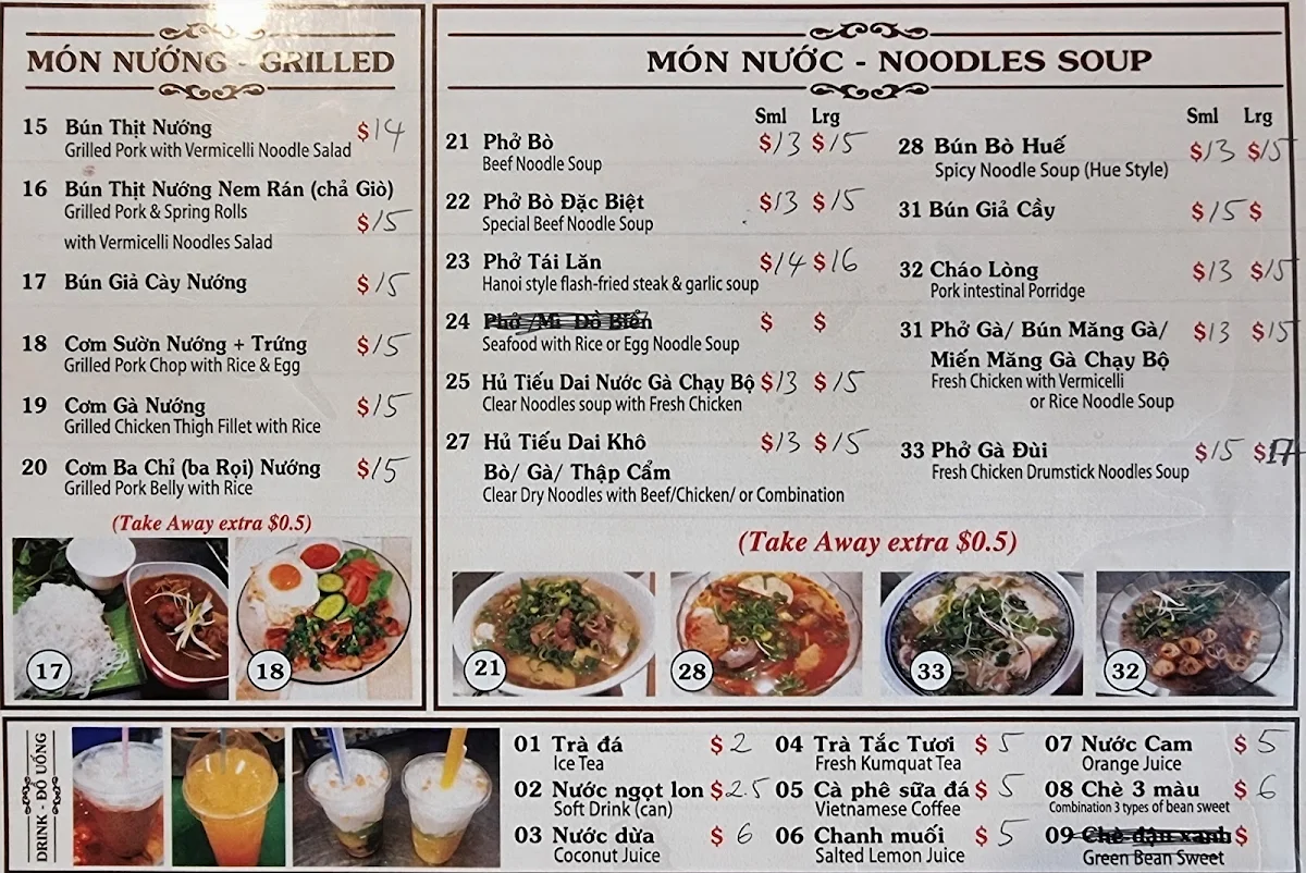 Menu, QUÁN HƯƠNG-VIETNAMESE FOOD &Takeaway