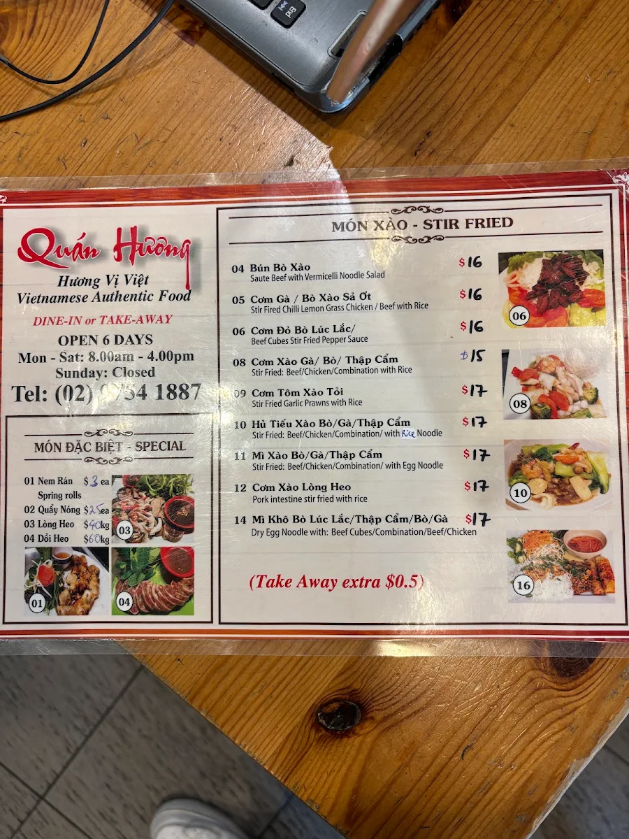 Menu, QUÁN HƯƠNG-VIETNAMESE FOOD &Takeaway