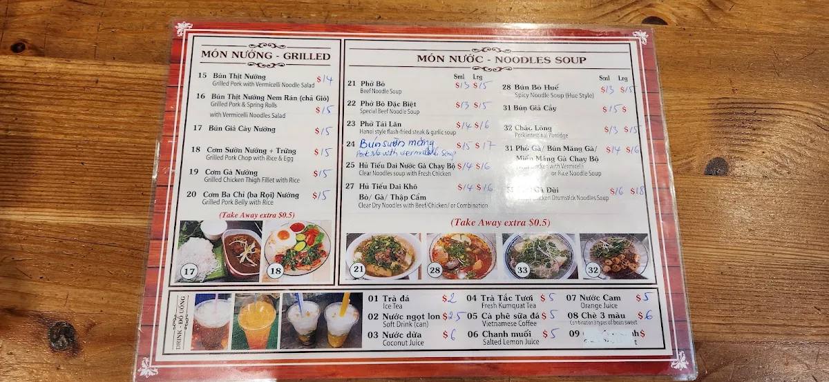 Menu, QUÁN HƯƠNG-VIETNAMESE FOOD &Takeaway
