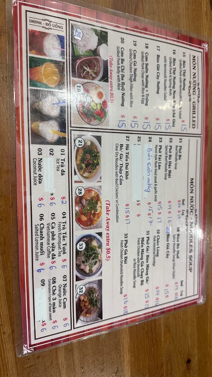 Menu, QUÁN HƯƠNG-VIETNAMESE FOOD &Takeaway