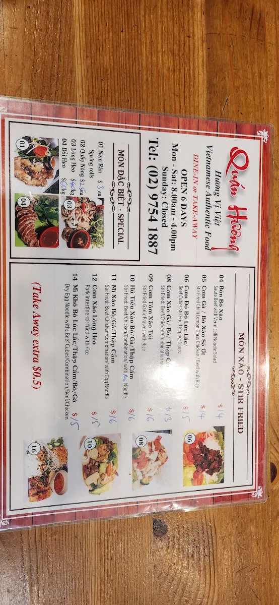 Menu, QUÁN HƯƠNG-VIETNAMESE FOOD &Takeaway
