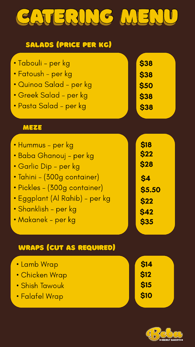 Menu, BeBa Beirut Bakery