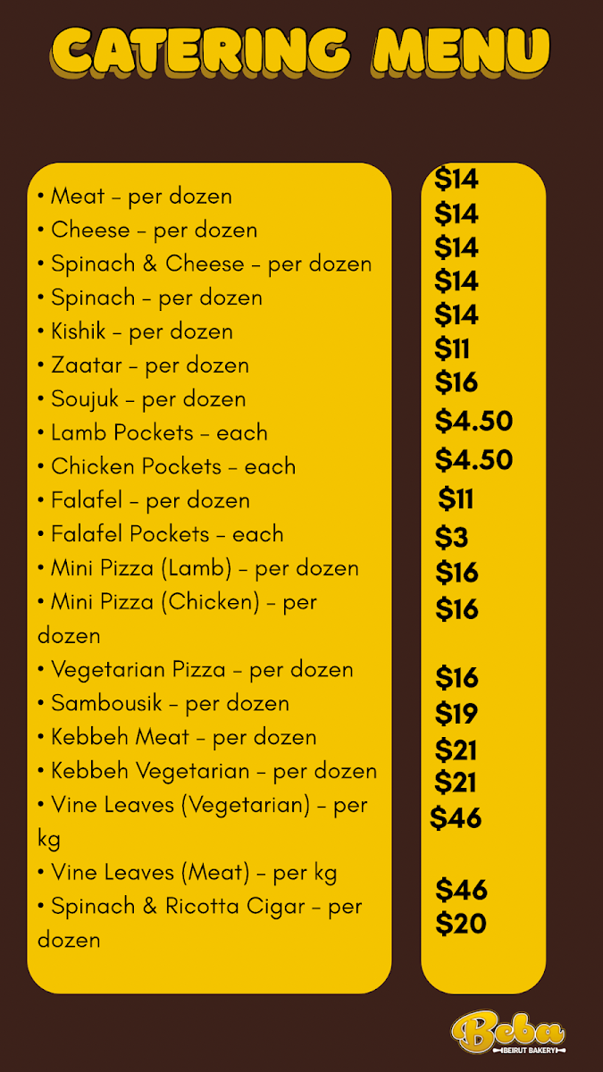 Menu, BeBa Beirut Bakery