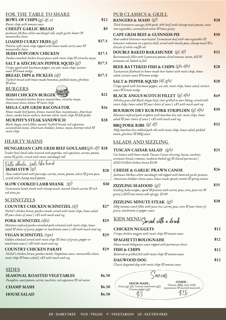 Menu, Irish Murphy's Hobart