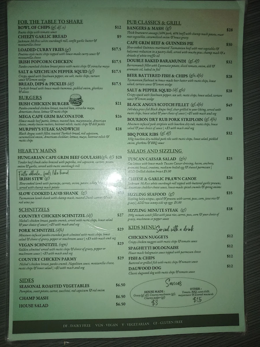 Menu, Irish Murphy's Hobart