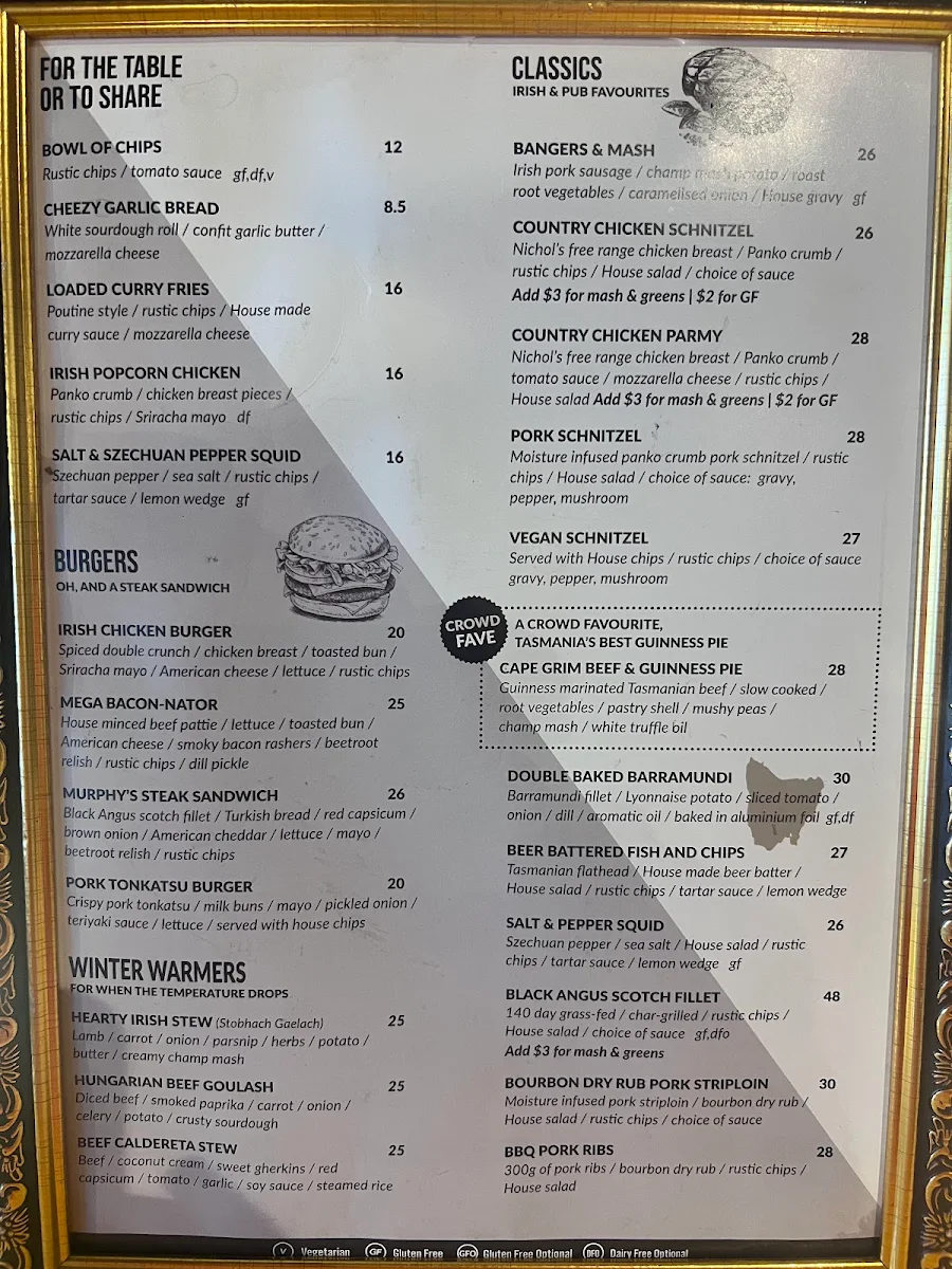 Menu, Irish Murphy's Hobart