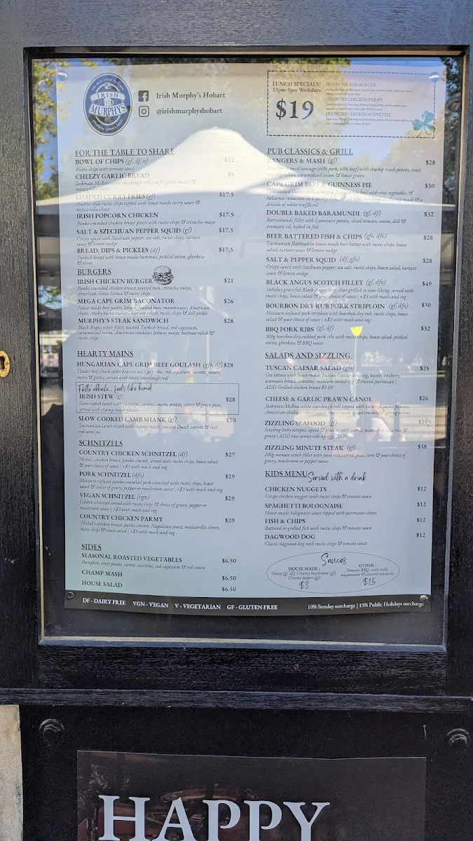Menu, Irish Murphy's Hobart