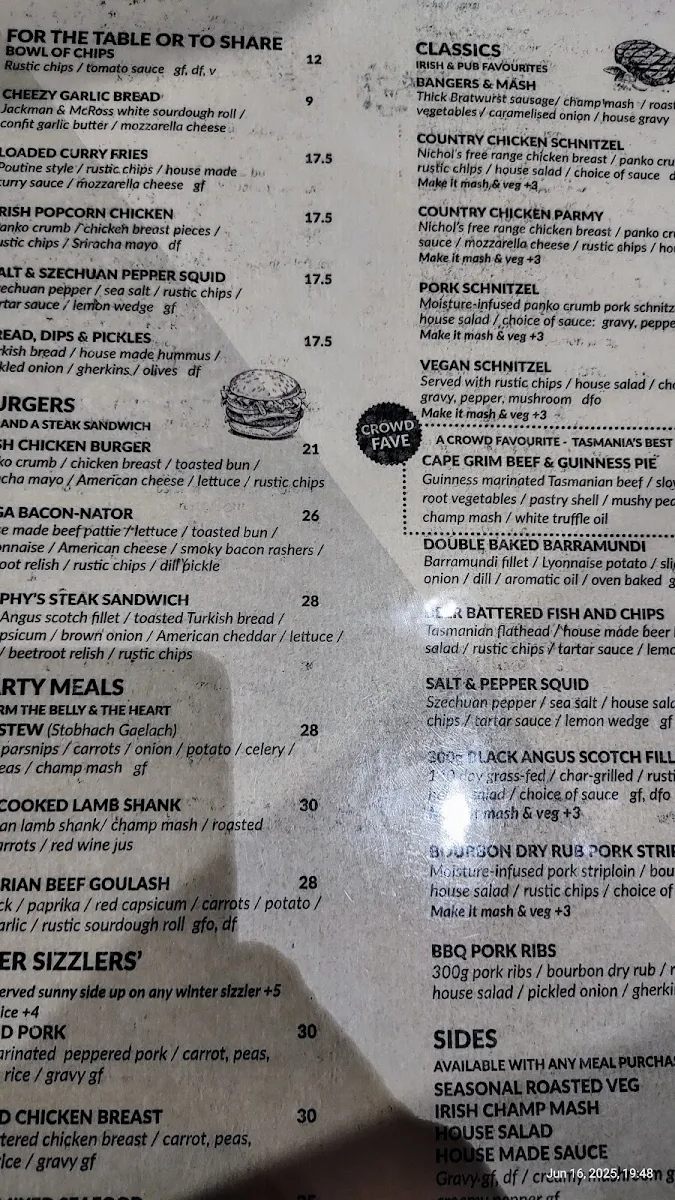 Menu, Irish Murphy's Hobart