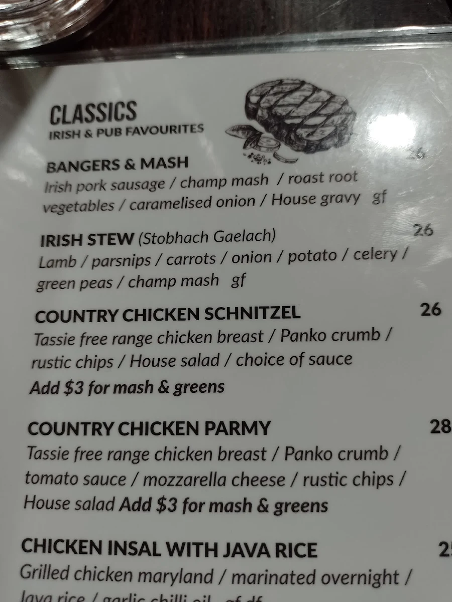 Menu, Irish Murphy's Hobart