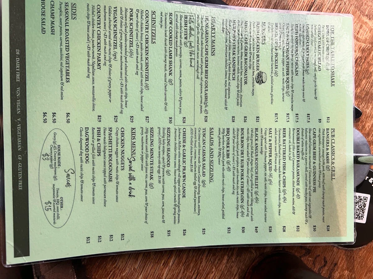 Menu, Irish Murphy's Hobart