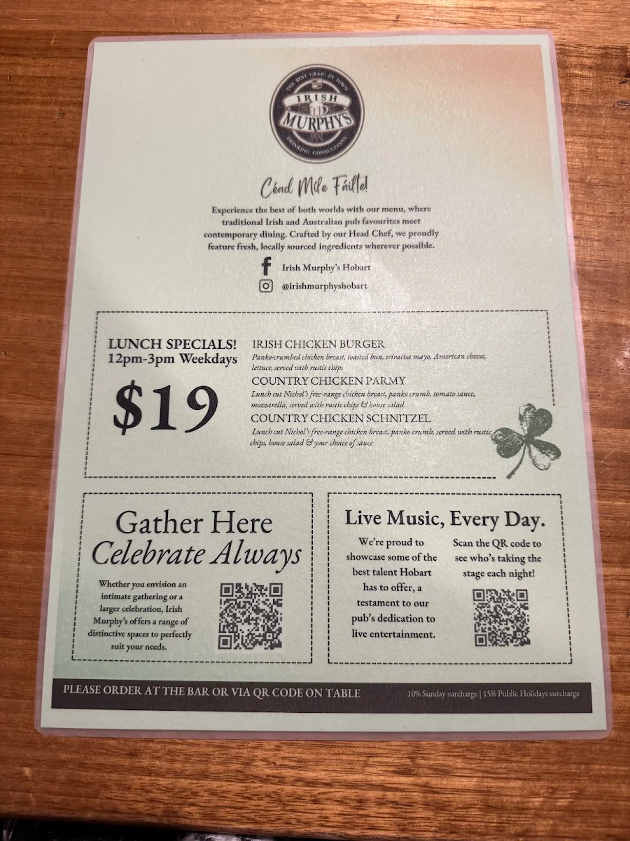 Menu, Irish Murphy's Hobart