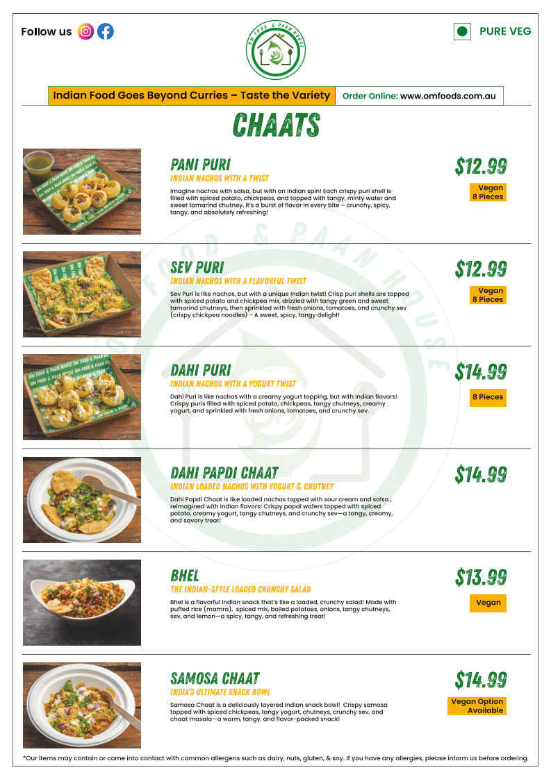 Menu, OM Food & Paan House