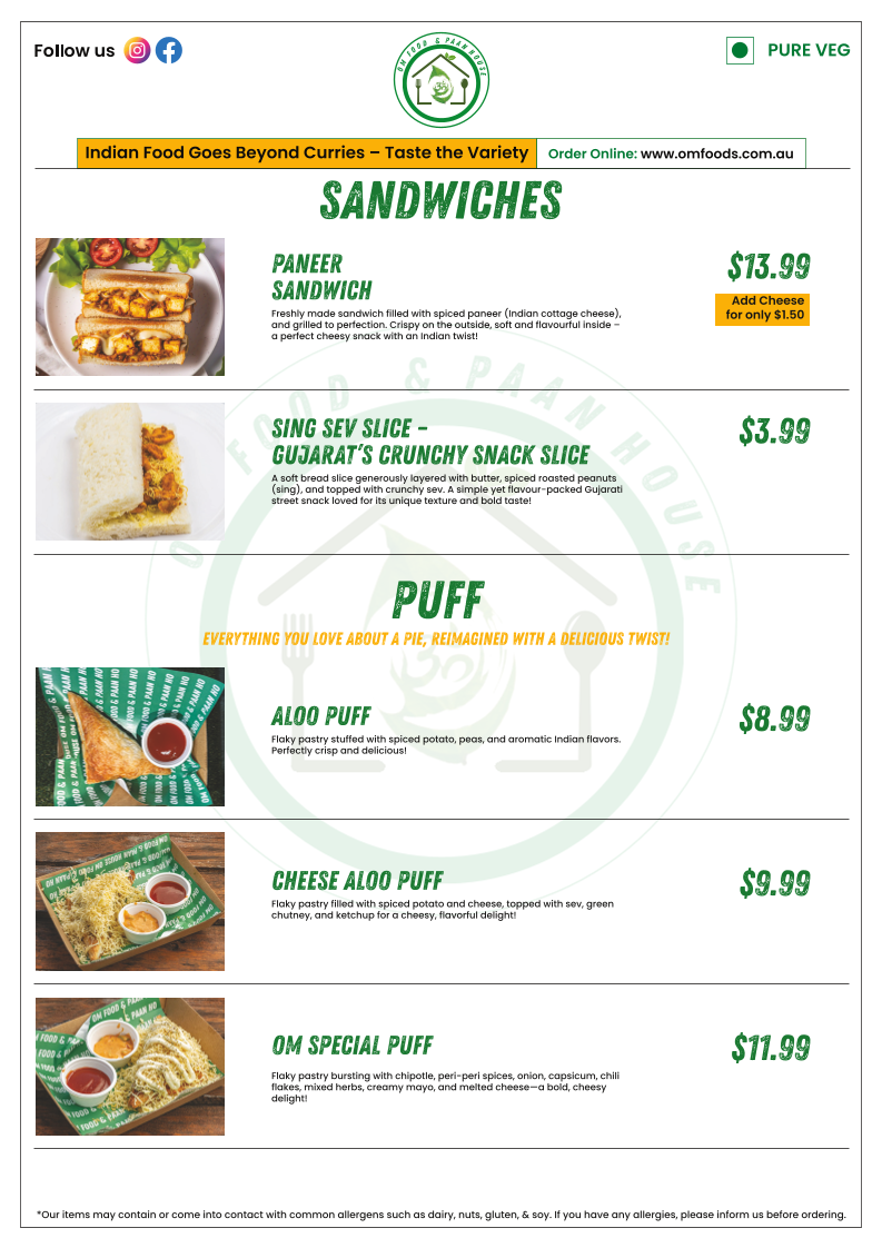 Menu, OM Food & Paan House