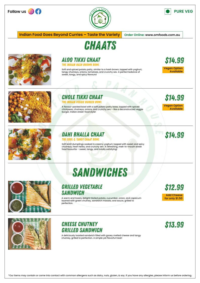 Menu, OM Food & Paan House