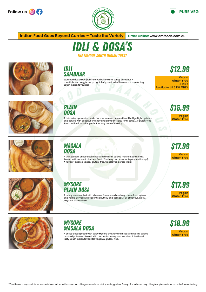 Menu, OM Food & Paan House