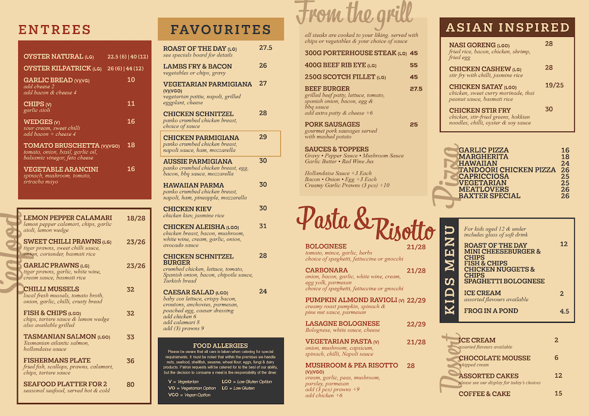 Menu, Baxter Tavern & Motel