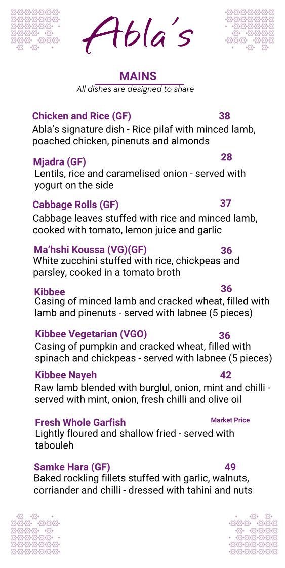 Menu, Abla's