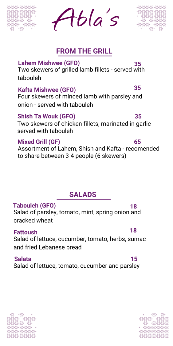Menu, Abla's