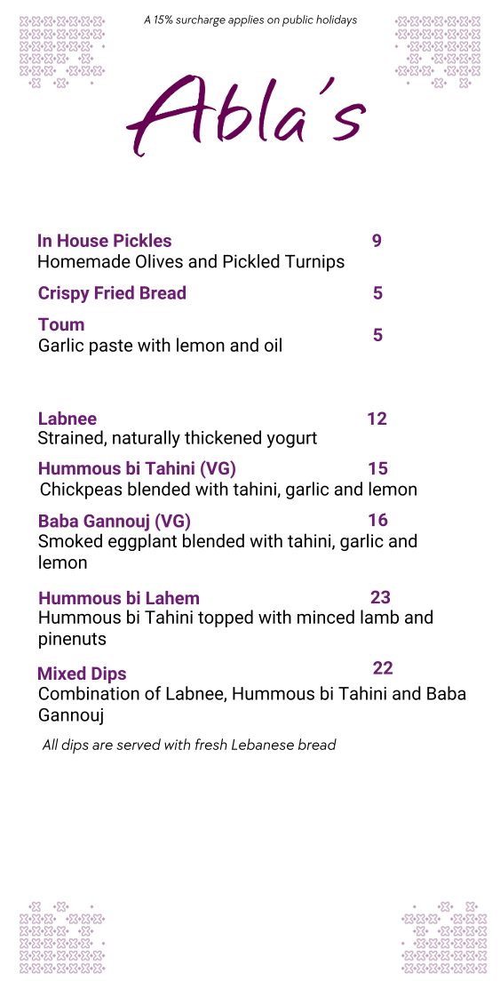 Menu, Abla's