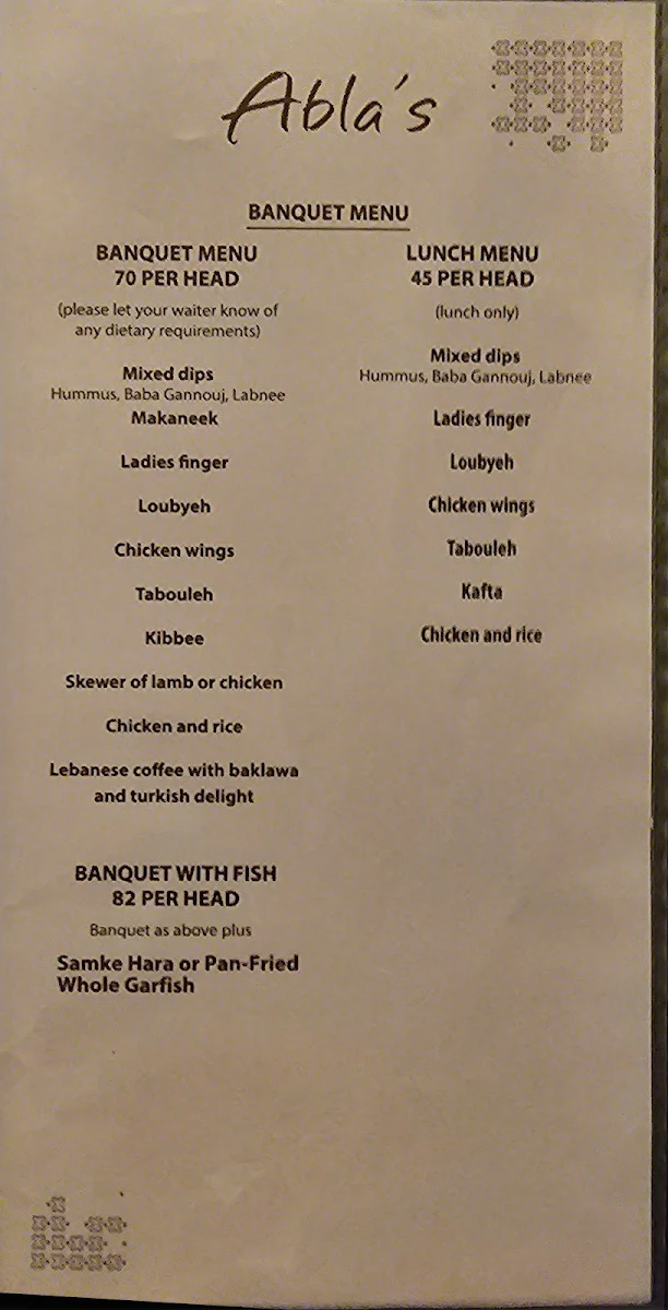 Menu, Abla's